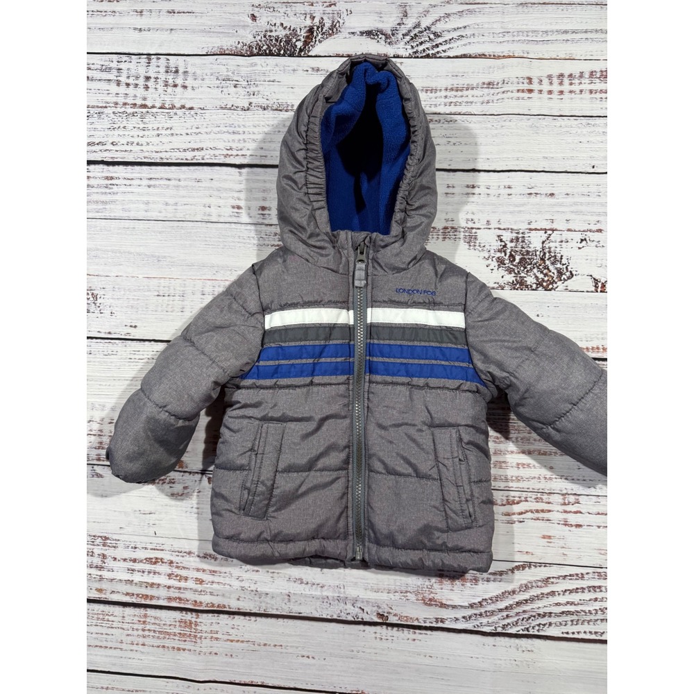 London Fog Boys 12M Gray Blue Striped Fleece Lined Hooded Puffer Jacket Coat